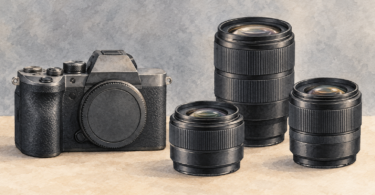 Illustration of a generic mirrorless-style camera body with a body cap and three separate unbranded lenses.
