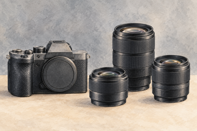 Illustration of a generic mirrorless-style camera body with a body cap and three separate unbranded lenses.
