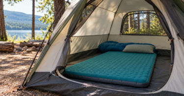 Thick teal sleeping mat with a pillow and sleeping bag inside an open tent