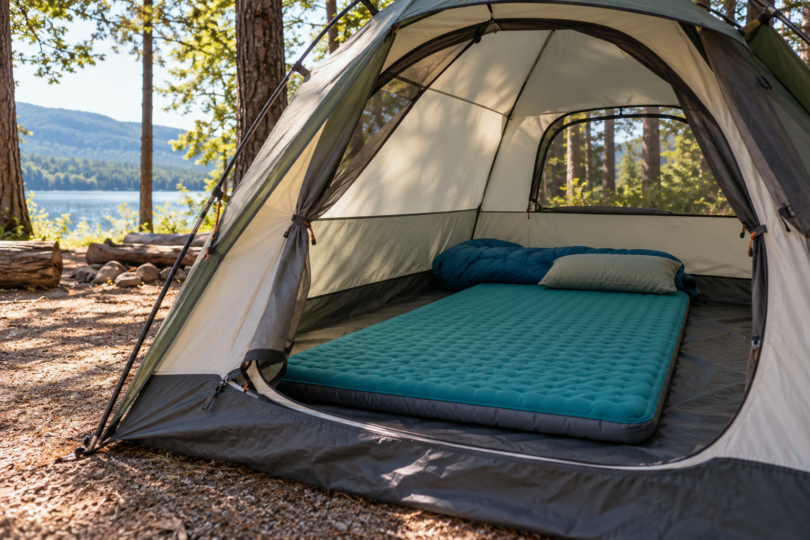 Thick teal sleeping mat with a pillow and sleeping bag inside an open tent