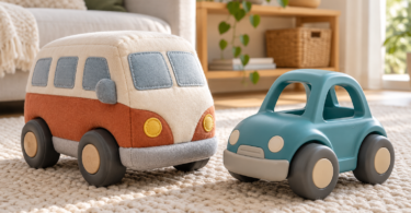 A generic fabric toy van and a teal plastic toy car on a pale rug in a bright living room.