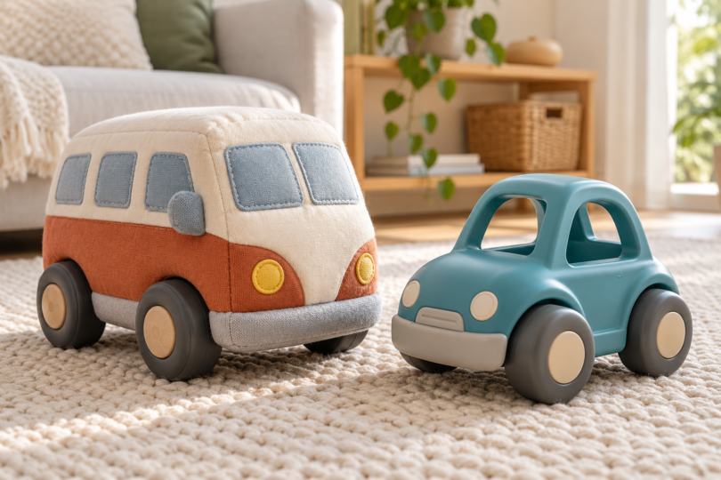 A generic fabric toy van and a teal plastic toy car on a pale rug in a bright living room.