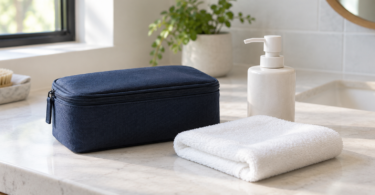 A closed navy fabric pouch, folded white towel and plain white soap dispenser on a bathroom counter.