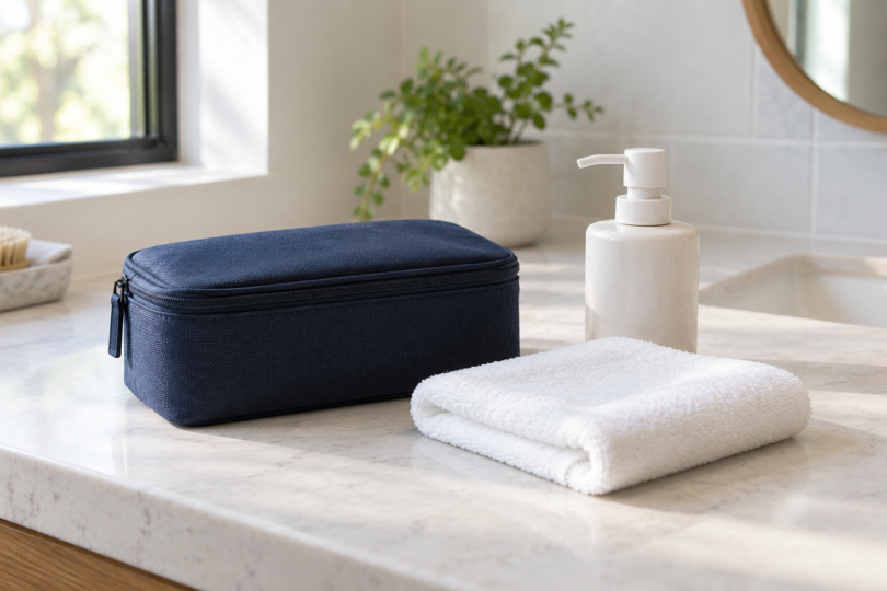 A closed navy fabric pouch, folded white towel and plain white soap dispenser on a bathroom counter.