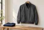 An unbranded charcoal zip-front jacket on a wooden hanger above a bench with a folded navy sweater