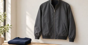 An unbranded charcoal zip-front jacket on a wooden hanger above a bench with a folded navy sweater