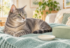 Illustration of a relaxed gray tabby cat on a teal blanket beside an empty white saucer and a plain green box