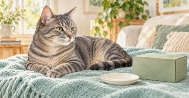 Illustration of a relaxed gray tabby cat on a teal blanket beside an empty white saucer and a plain green box