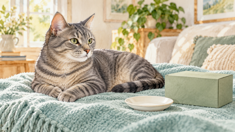 Illustration of a relaxed gray tabby cat on a teal blanket beside an empty white saucer and a plain green box