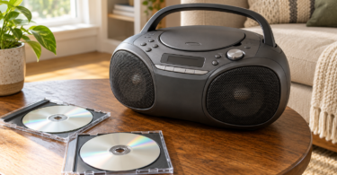 A dark portable CD boombox with a raised handle sits on a wooden table beside two compact discs in open cases.