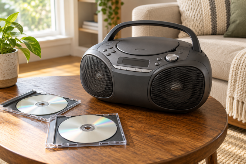 A dark portable CD boombox with a raised handle sits on a wooden table beside two compact discs in open cases.