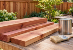 Warm cedar boards beside a clean brush and closed unbranded metal can on an outdoor workbench.