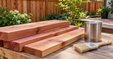 Warm cedar boards beside a clean brush and closed unbranded metal can on an outdoor workbench.