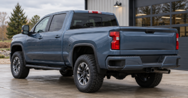 Illustration of an unbranded blue pickup parked on level concrete outside an automotive workshop.