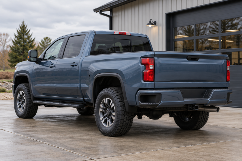 Illustration of an unbranded blue pickup parked on level concrete outside an automotive workshop.