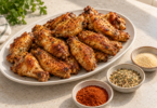 Illustration of browned chicken wings on a white platter beside three small bowls of dry seasonings