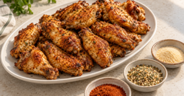 Illustration of browned chicken wings on a white platter beside three small bowls of dry seasonings