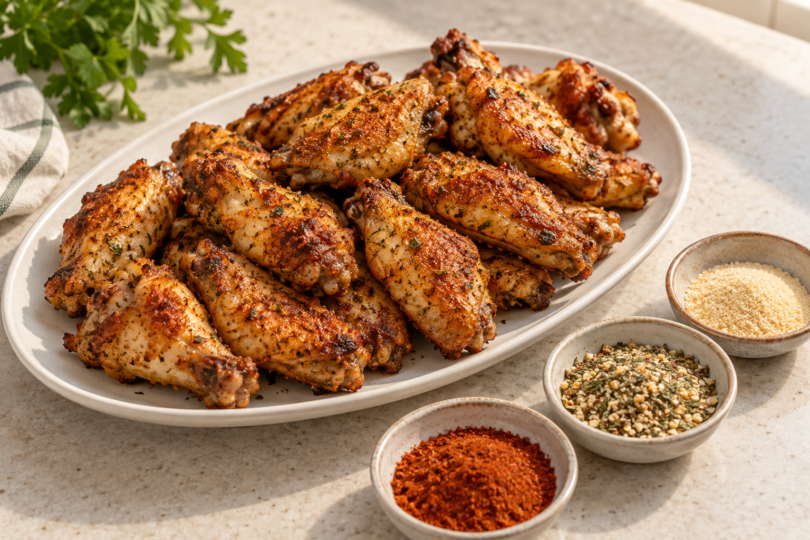 Illustration of browned chicken wings on a white platter beside three small bowls of dry seasonings