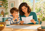 Illustration of an adult caregiver reading a folded leaflet beside a child holding a tissue at a kitchen table.