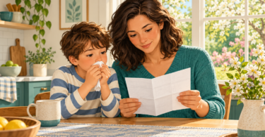 Illustration of an adult caregiver reading a folded leaflet beside a child holding a tissue at a kitchen table.