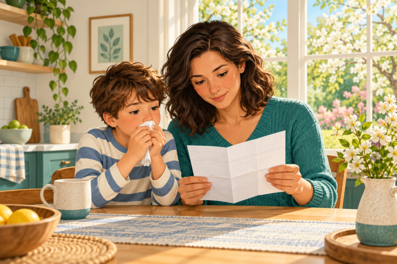 Illustration of an adult caregiver reading a folded leaflet beside a child holding a tissue at a kitchen table.