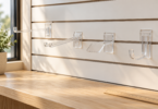 Empty transparent display hooks on a pale slatwall above a wooden counter with a ruler.