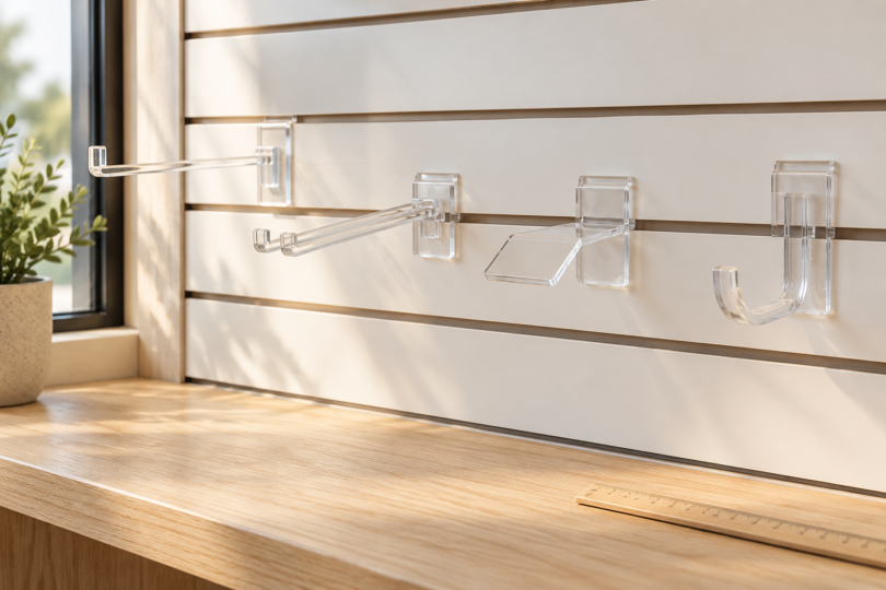 Empty transparent display hooks on a pale slatwall above a wooden counter with a ruler.