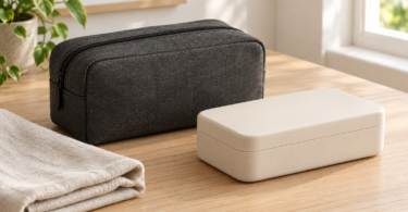A closed charcoal storage pouch and cream case beside a folded cloth on a wooden table.