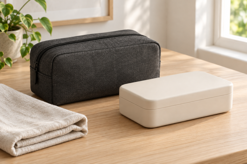 A closed charcoal storage pouch and cream case beside a folded cloth on a wooden table.