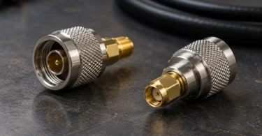 Two generic metal coaxial adapters beside a black cable on a dark workbench