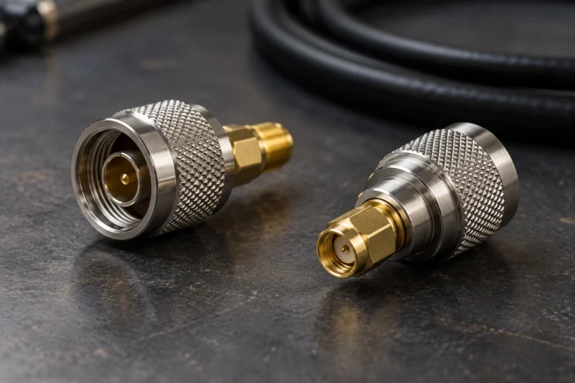 Two generic metal coaxial adapters beside a black cable on a dark workbench