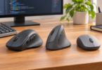 Illustration of three unbranded computer mice beside a keyboard and a monitor with blurred code