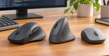 Illustration of three unbranded computer mice beside a keyboard and a monitor with blurred code