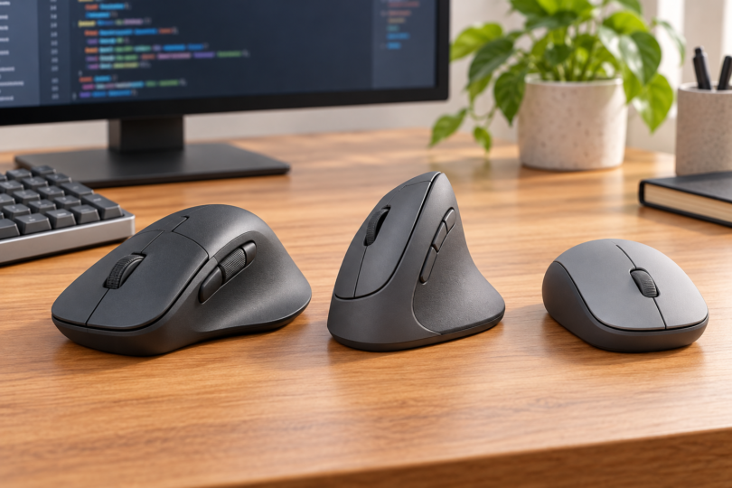 Illustration of three unbranded computer mice beside a keyboard and a monitor with blurred code