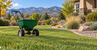 An unbranded push spreader on a lawn beside a gravel garden border, with foothills in the distance.