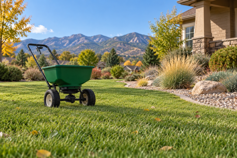 An unbranded push spreader on a lawn beside a gravel garden border, with foothills in the distance.
