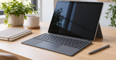 Illustration of an unbranded tablet on a kickstand with a detachable keyboard and stylus on a wooden desk