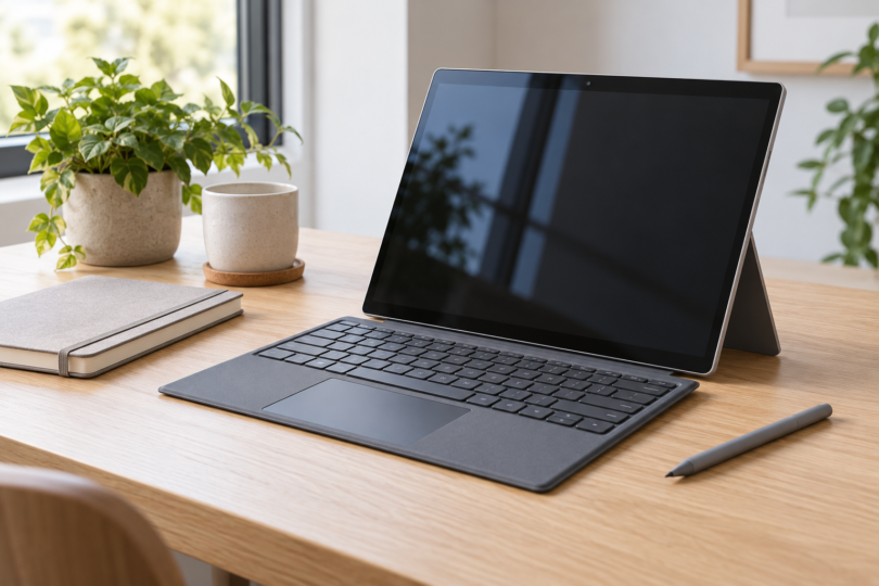 Illustration of an unbranded tablet on a kickstand with a detachable keyboard and stylus on a wooden desk