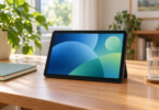 A generic dark tablet with an abstract blue and green screen stands on a wooden desk beside a notebook and glass in a sunlit room.