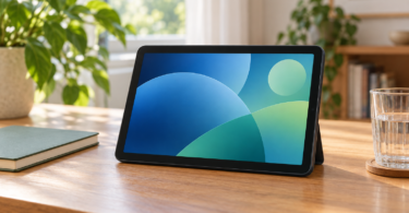 A generic dark tablet with an abstract blue and green screen stands on a wooden desk beside a notebook and glass in a sunlit room.