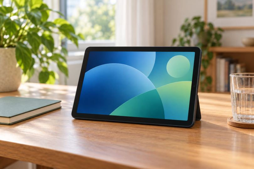 A generic dark tablet with an abstract blue and green screen stands on a wooden desk beside a notebook and glass in a sunlit room.