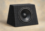 Illustration of an unbranded compact subwoofer enclosure resting on a neutral surface.