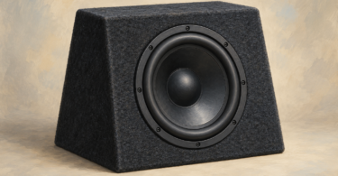 Illustration of an unbranded compact subwoofer enclosure resting on a neutral surface.