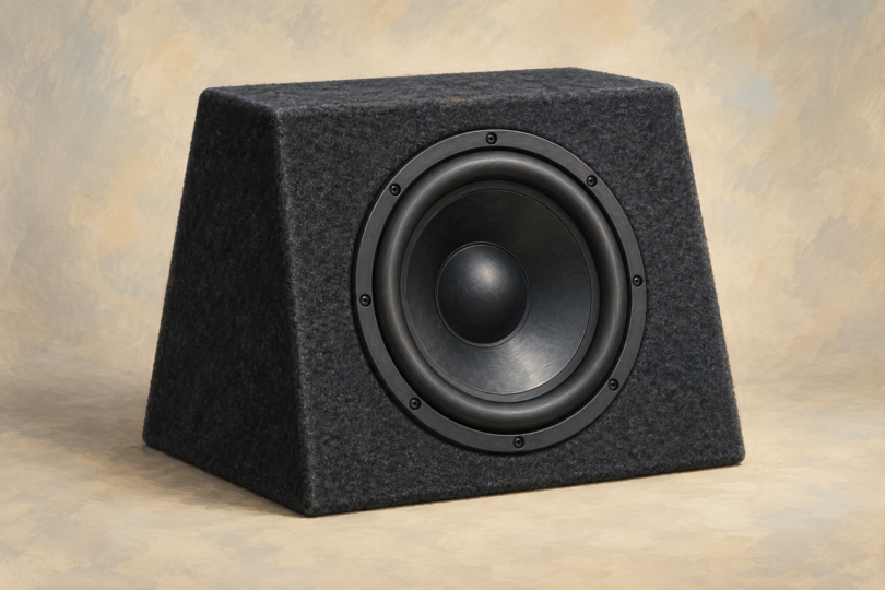 Illustration of an unbranded compact subwoofer enclosure resting on a neutral surface.