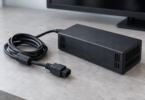 A generic black external power brick and coiled cable on a grey tabletop in front of a monitor.