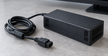 A generic black external power brick and coiled cable on a grey tabletop in front of a monitor.