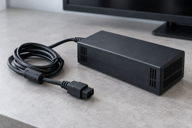 A generic black external power brick and coiled cable on a grey tabletop in front of a monitor.