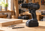 A generic black cordless drill standing on its battery beside a wood offcut, two screws and a drill bit on a wooden workbench