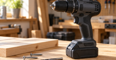 A generic black cordless drill standing on its battery beside a wood offcut, two screws and a drill bit on a wooden workbench