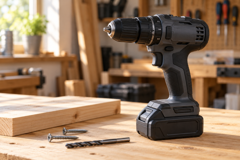 A generic black cordless drill standing on its battery beside a wood offcut, two screws and a drill bit on a wooden workbench